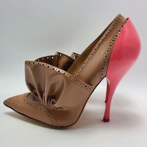 Miu Miu Brown/Pink Patent Leather Ruffle Pointed Toe Spike Heels Pumps Size 39